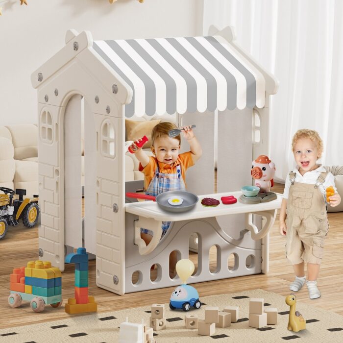Gray Kids Playhouse with Cute Kids Pretend Play Kitchen Toys Set, Outdoor Playhouse for Toddlers Aged 1-3