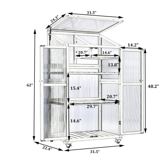 62inch Height Wood Large Greenhouse with Wheels and Adjustable Shelves - 22.4'x31.5' - Image 2