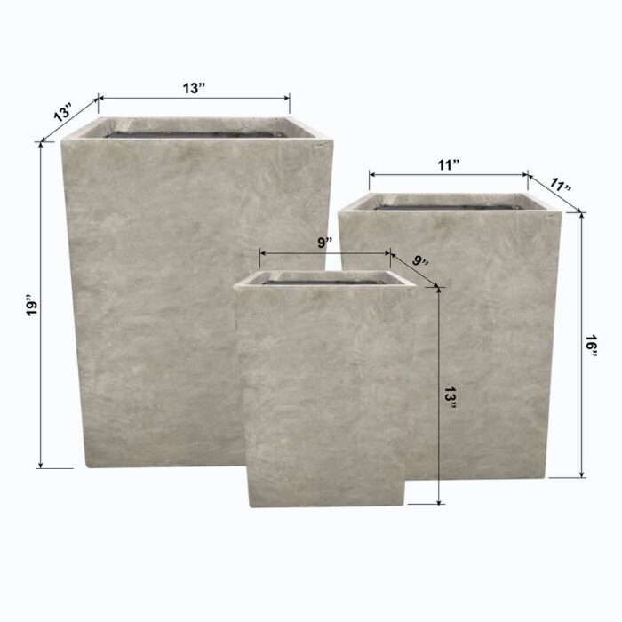 Kante Set of 3 Lightweight Modern Square Outdoor Planters, 19, 16 and 13 Inch Tall, Weathered Concrete - 13"W x 13"L x 19"H - Image 2