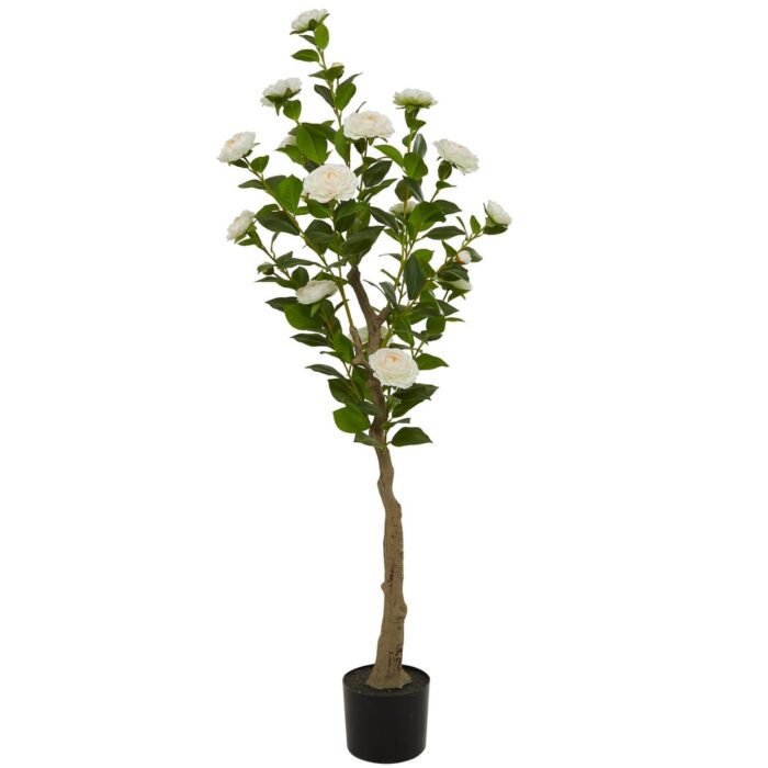 Green Faux Foliage Camellia Artificial Tree with Realistic Leaves and Black Plastic Pot - Image 2
