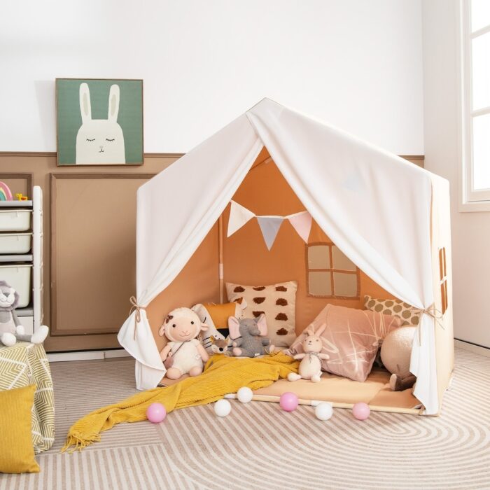 Kid's Play Tent with Washable Cotton Mat and Flag Banner - 52" x 36" x 51.5" (L x W x H) - Image 2