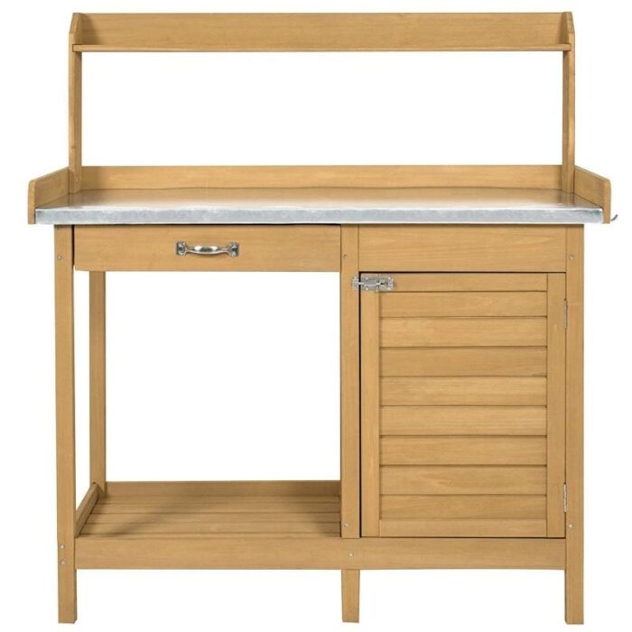 Natural Fir Wood Potting Bench Garden Work Table with Metal Top - 43.8 x 17.8 x 49 inches - Image 2
