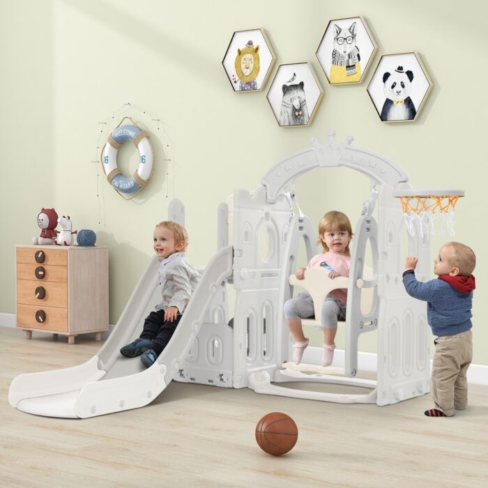 Toddler Slide and Swing Set 5 in 1, Kids Playground Climber Slide Playset with Basketball Hoop Combination for Indoor & Outdoor