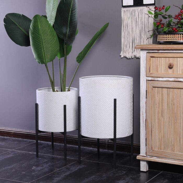 White Floral Stamped Metal Cachepot Planters with Black Stands (Set of 2) - Image 2