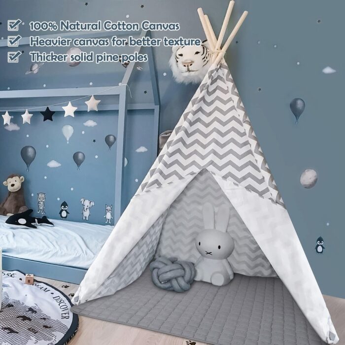 Foldable Kids Teepee Tent with Mat & Light String - Gray and White Stripes - Image 2