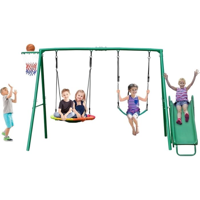 440lbs Swing Sets for Backyard with Slide, Saucer Swing, Belt Swing,Basketball Hoop - Image 2