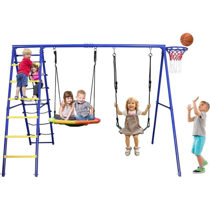 440lbs Metal Swing Sets for Backyard with Heavy Duty Swing Frame, Saucer Swing,Belt Swing,Climbing Rope,Ladder,Basketball Hoop - Image 2