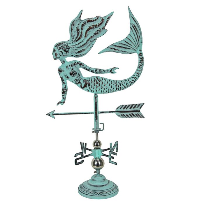 Verdigris Copper Mermaid Tabletop Weathervane With Optional Fence - 33 X 17.5 X 10 inches - Image 2