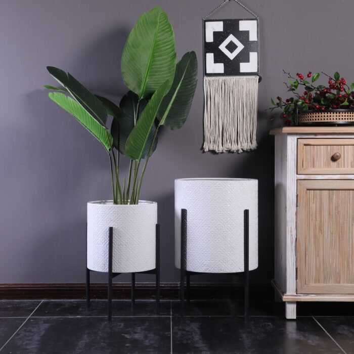 White Floral Stamped Metal Cachepot Planters with Black Stands (Set of 2)