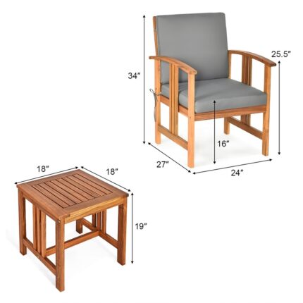 3PCS Patio Acacia Wood Sofa Set Conversation Set with Cushions - Image 2