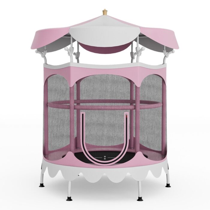 64" Kids Trampoline with Detachable Canopy and Safety Enclosure Net-Pink - 64" x 81" (Dia. x H)