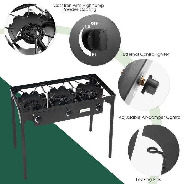 Outdoor Camping Stove 3 Burner Propane Gas Cooker for Camp Patio - Image 2