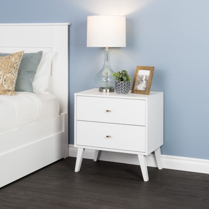 Prepac Milo Mid-Century Modern 2 Drawer Nightstand, Bedside Table, Contemporary Bedroom Furniture