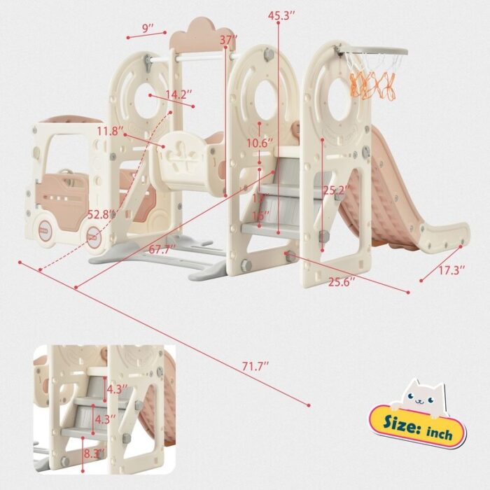 5 in 1 Freestanding Swing Slide Bus Structure Toy for Toddlers, with Basketball Hoop and Toy Storage Space for Outdoor - Image 2