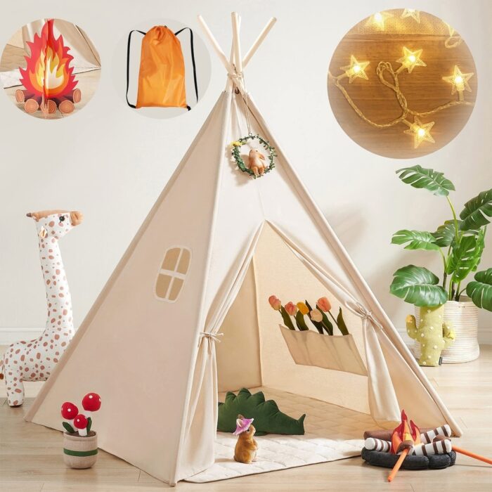 Natural Cotton Canvas Toddler Tent with Lights & Campfire Toy & Carry Case - Beige