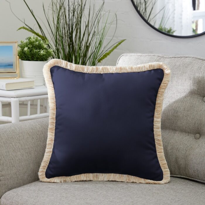 Sunbrella Canvas Navy Indoor/ Outdoor Square Pillow with Fringe - Image 2