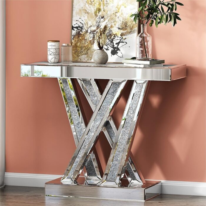 Glam Mirrored W-shaped Base Sofa Table Console Table