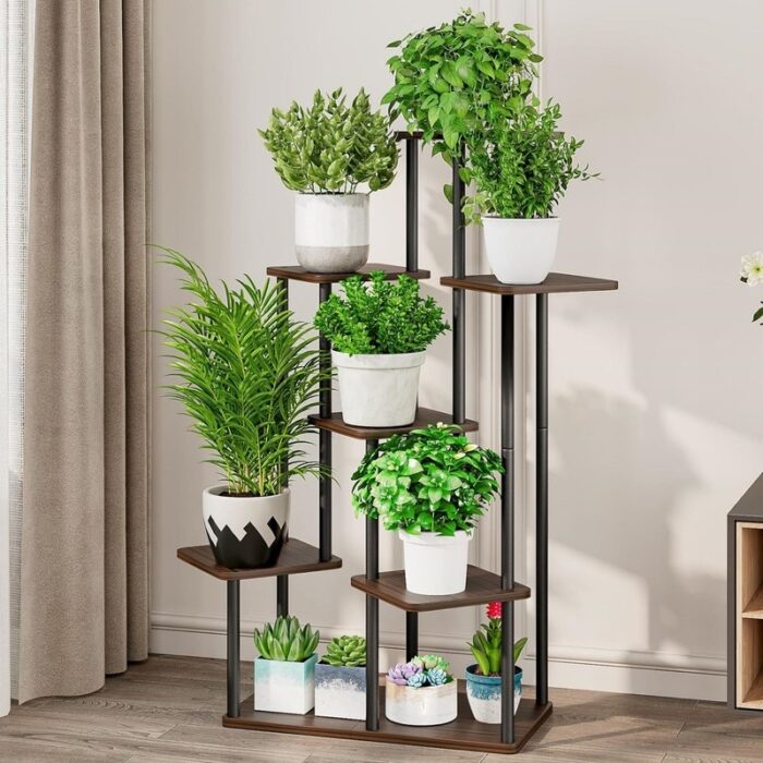 Plant Stand 7 Tier Indoor Metal Black Oak - Image 2