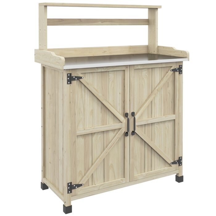 Outsunny Potting Bench, Outdoor Wooden Potting Table with Storage Cabinet, Storage Shelf, Garden Work Bench - Image 2
