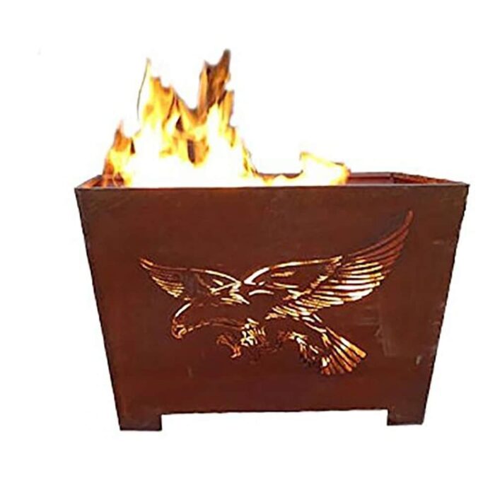 24" Brown Rustic Finish American Flag Eagle Square Outdoor Fire Basket - Image 2