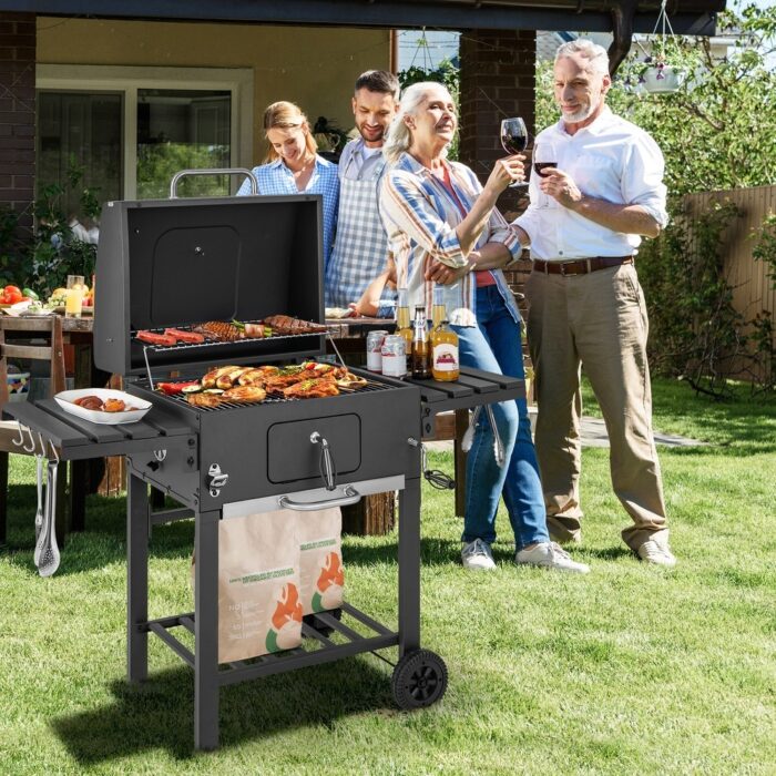 Outdoor BBQ Charcoal Grill with 2 Foldable Side Table and Wheels - 50.5" x 21" x 46" - Image 2