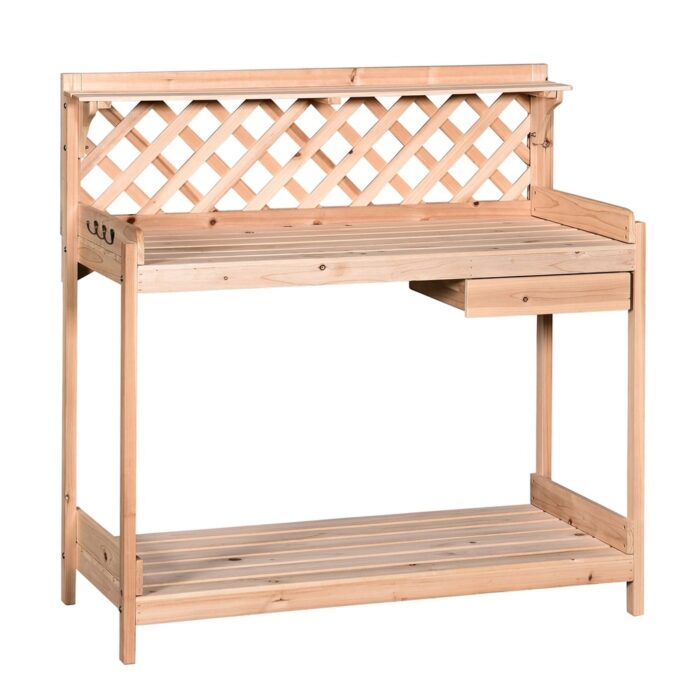 Outsunny Outdoor Garden Potting Bench, Wooden Workstation Table w/ Drawer, Hooks, Open Shelf, Lower Storage and Lattice Back - Image 2