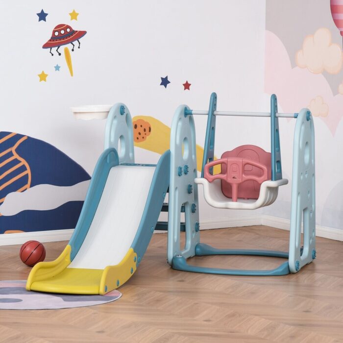 4 in 1 Toddler Slide and Swing Set with Adjustable Seat Height and Basketball Hoop, Freestanding Kids Climber Slide Playset - Image 2