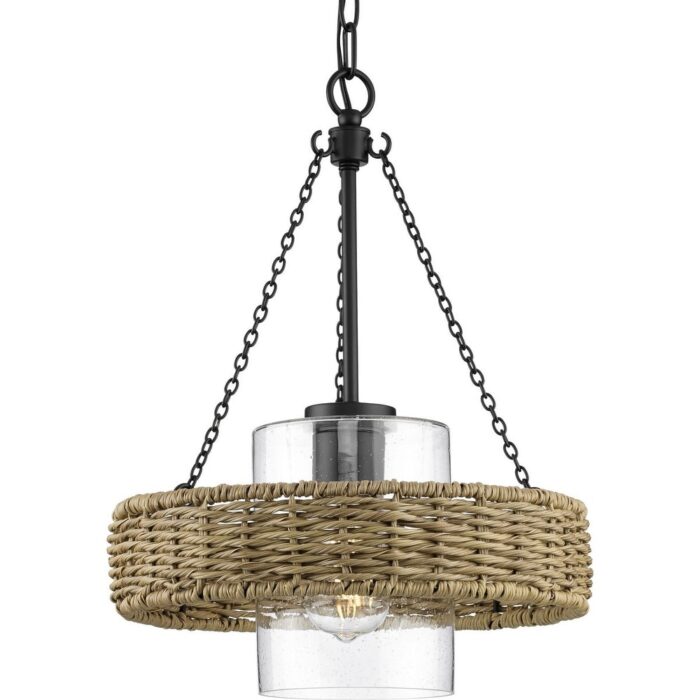 Pembroke Collection 1-Light 18.5 in. Matte Black Outdoor Pendant with Mocha Rattan Accents and Seeded Glass Shade - Large