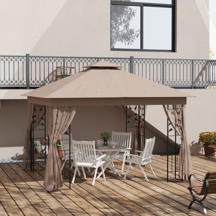 Outsunny 10' x 11.5' Metal Patio Gazebo, Double Roof Outdoor Gazebo Canopy Shelter with Tree Motifs Corner Frame and Netting