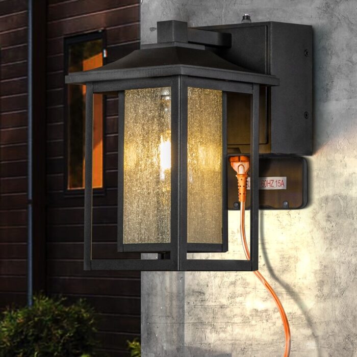 1 Light Black Dusk to Dawn Sensor Glass Outdoor Wall Sconces Built-in GFCI Outlets - W 6.3" - Image 2