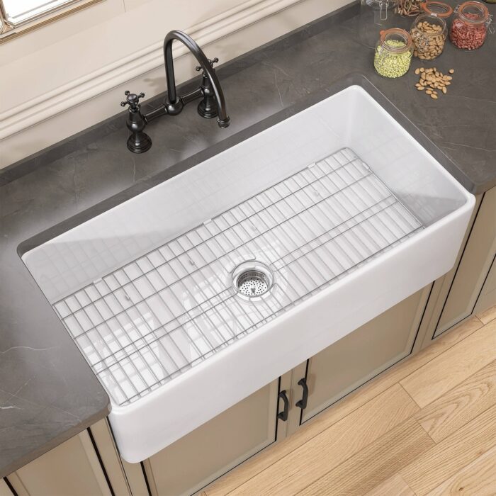 ZEAFIVE White Apron Front Single Bowl Fireclay Farmhouse Kitchen Sink With Bottom Grid and Strainer