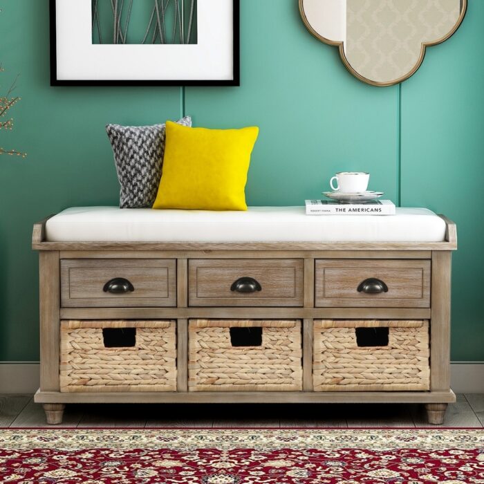 Nestfair Rustic Storage Bench with 3 Drawers and 3 Rattan Baskets - Image 2