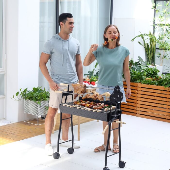 Portable Charcoal BBQ Grills Outdoor Rotisserie Adjustable Height Cooking Shelf with 4 Wheels, BBQ Tool Sets Steel Barbecue