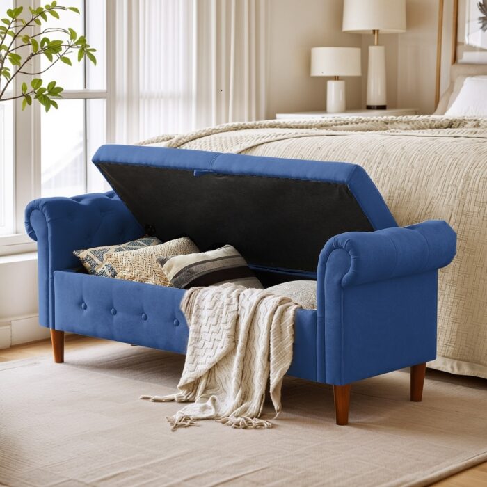 Storage Bench for Bedroom End of Bed Rolled Armed Velvet Fabric Ottoman Couch Long Bench