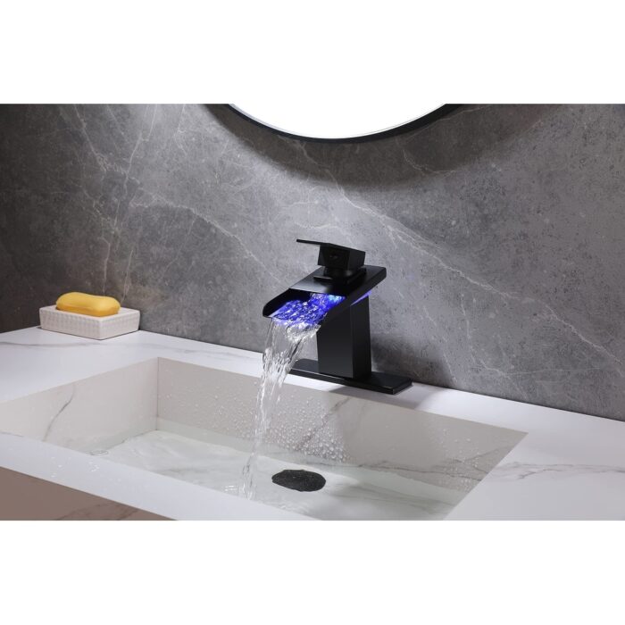 Matte Black Waterfall 3 Color LED Single Handle Bathroom Sink Faucet, Pop Up Brass Overflow Drain