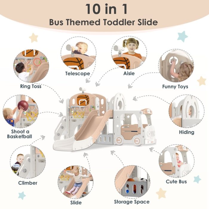 Beige Coffee 10 in 1 Toddler Slide, Kid Slide for Toddlers Age 1+, Indoor Outdoor Slide Toddler Playset Toddler Playground - Image 2