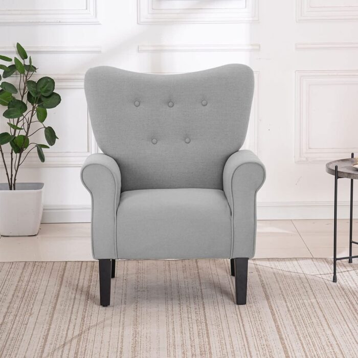 Erommy Wing back Arm Chair, Upholstered Fabric High Back Chair with Wood Legs - Image 2