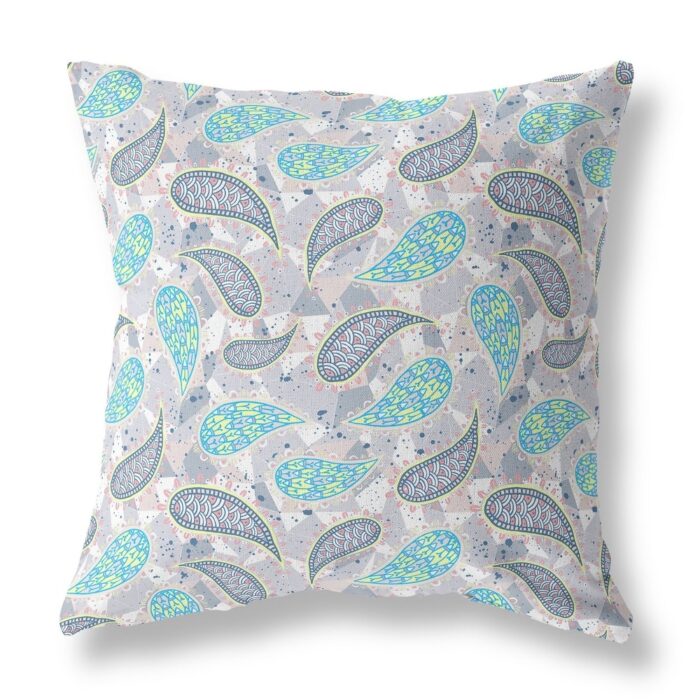 16" Gray Green Boho Paisley Indoor Outdoor Throw Pillow