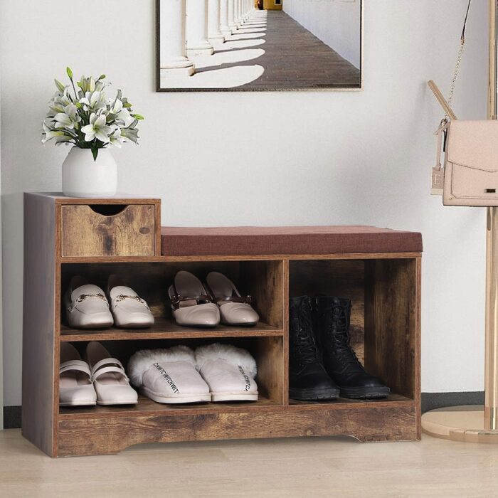 Sophia & William Wooden Shoe Storage Unit Bench with Cushion Seat with Drawer - Image 2