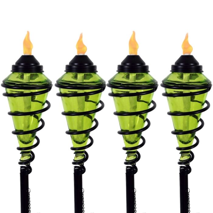 2-in-1 Swirling Metal Glass Outdoor Lawn Torch Set of 4 - Green - Image 2