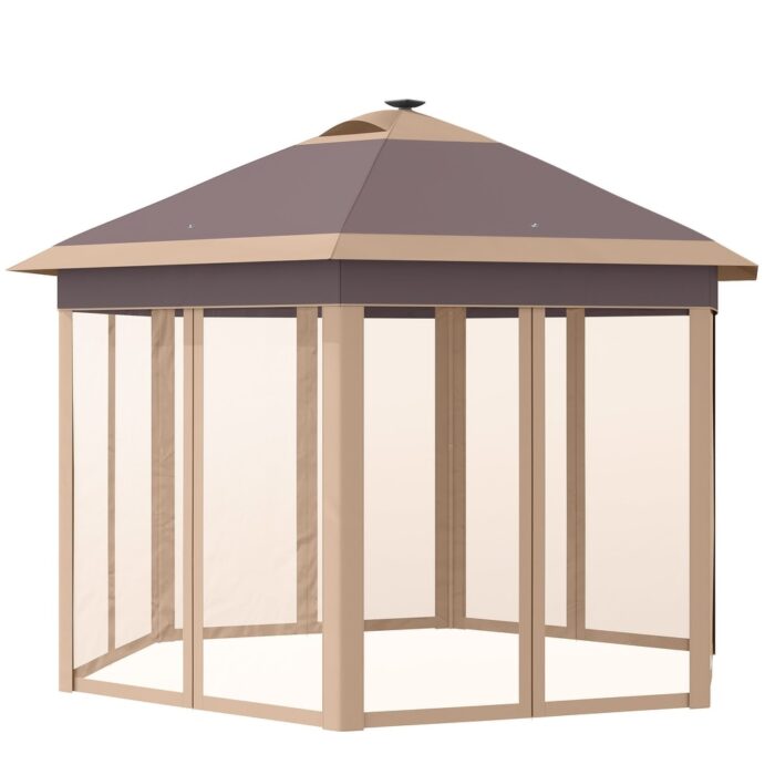 Outsunny 13' x 11' Pop Up Gazebo Tent, Hexagonal Canopy w/ Solar LED Light, Remote Control, Mesh Netting, Height Adjustable - Image 2