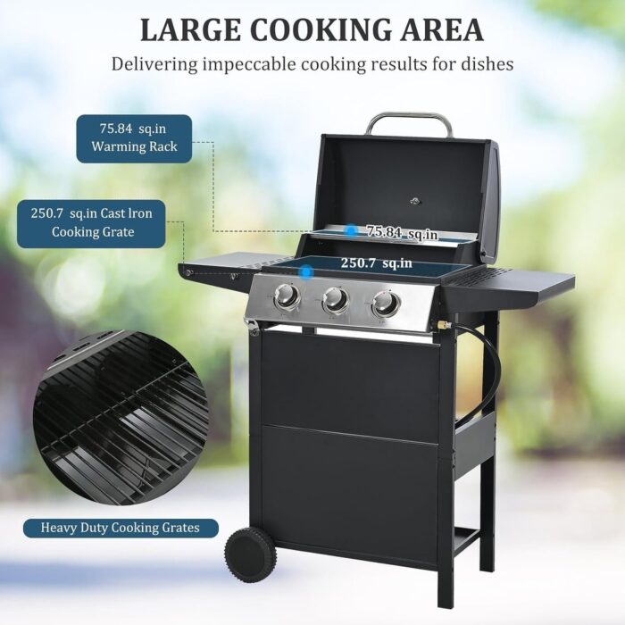 3-Burner Propane Gas BBQ Grill with Top Cover Lid, Wheels - Image 2