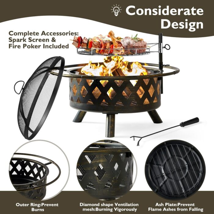 Aoxun 2 in 1 Fire Pit with Grill Outdoor Wood Burning - Image 2