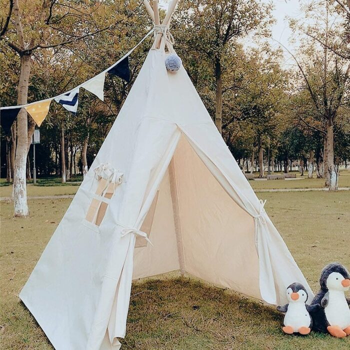 Natural Cotton Canvas Teepee Tent Kids Foldable with String Lights - Image 2