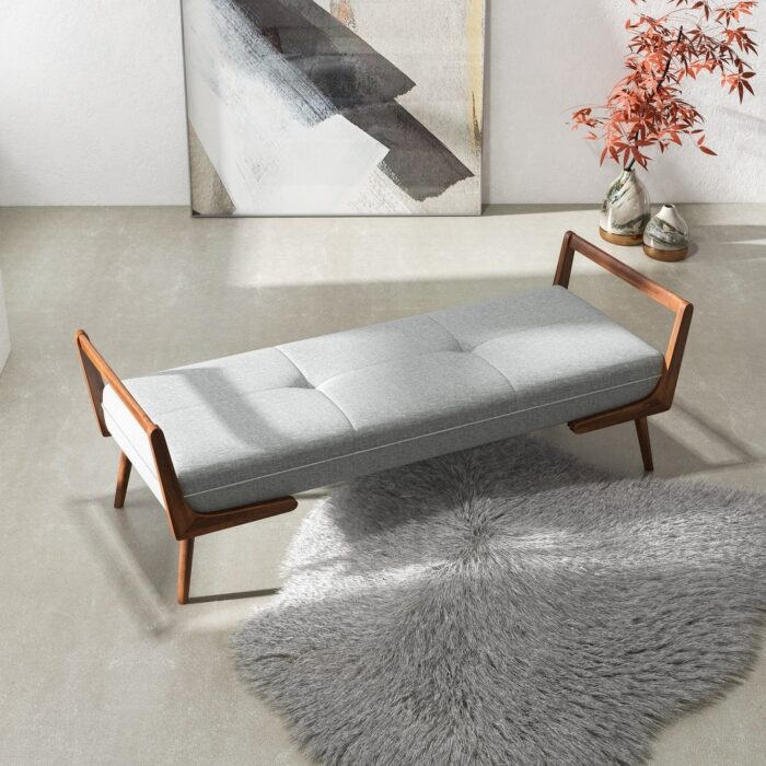 Donatello Mid Century Modern Fabric Upholstered Bench in Grey - Image 2