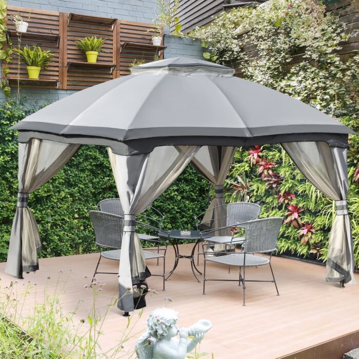 Outsunny 12' x 10' 2-Level Outdoor Gazebo Tent with Zippered Mesh Sidewalls, Solid Steel Frame, Arched Roof