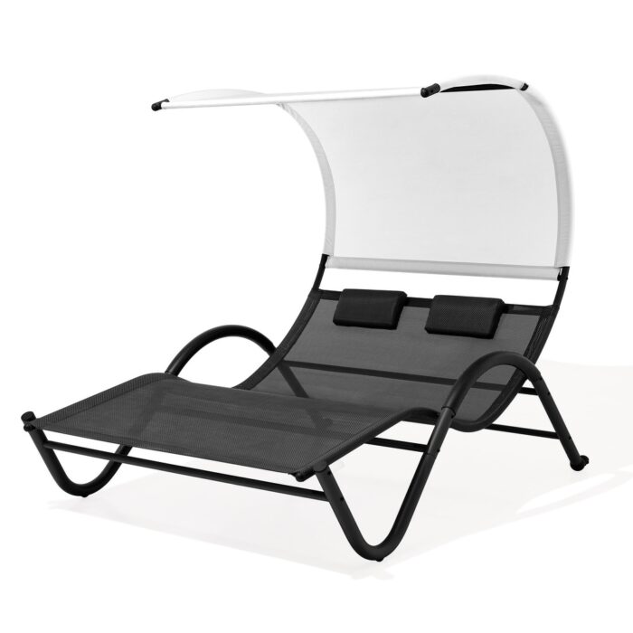 Outdoor Double Chaise Lounge Chair with Canopy Shade & Wheels, Double Sun Bed Lounger - 72.83" D × 54.33" W ×65.35" H - Image 2
