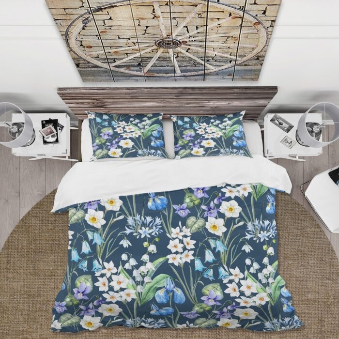 Designart 'White and Blue Spring Flowers On Dark Blue' Traditional Duvet Cover Set - Image 2