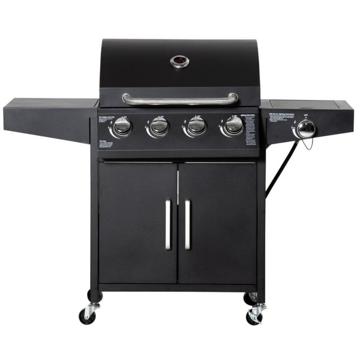 Outsunny 4+1 Burner Liquid Propane Gas Grill Outdoor Cabinet Style BBQ Trolley w/ Side Burner, Warming Rack, Thermometer - Image 2