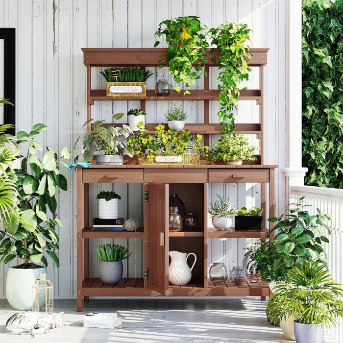 66" Wooden Rustic Potting Bench Table, Storage Cabinet Garden Shed with 2 Drawers, Cabinet and Open Shelves - Image 2